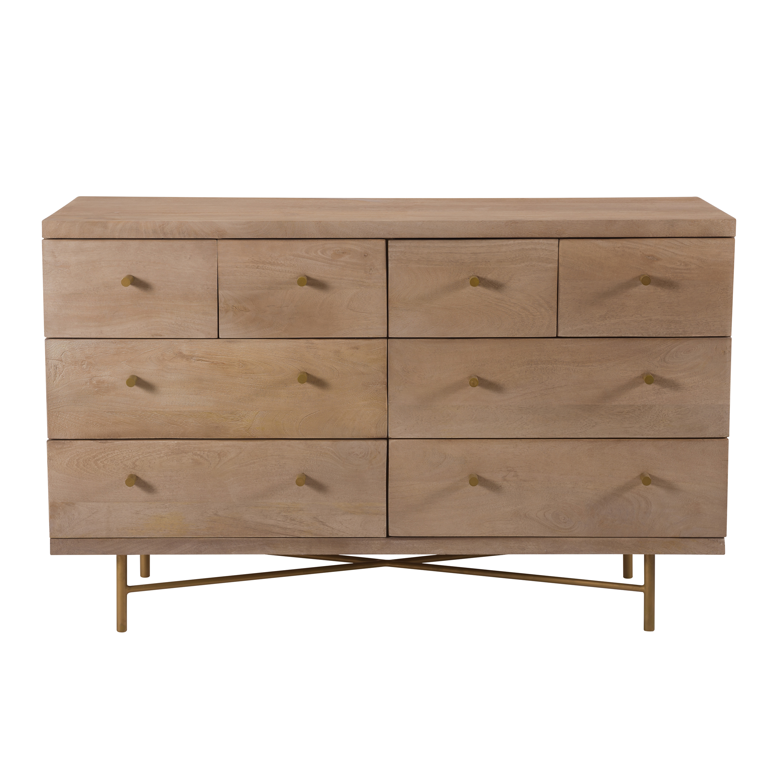 Commode 8 tiroirs en bois de manguier et pieds en m&eacute;tal dor&eacute;