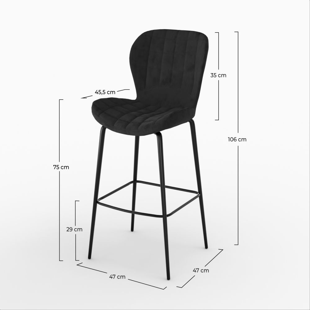 2 chaises de bar mazzia en velours noir 75 cm