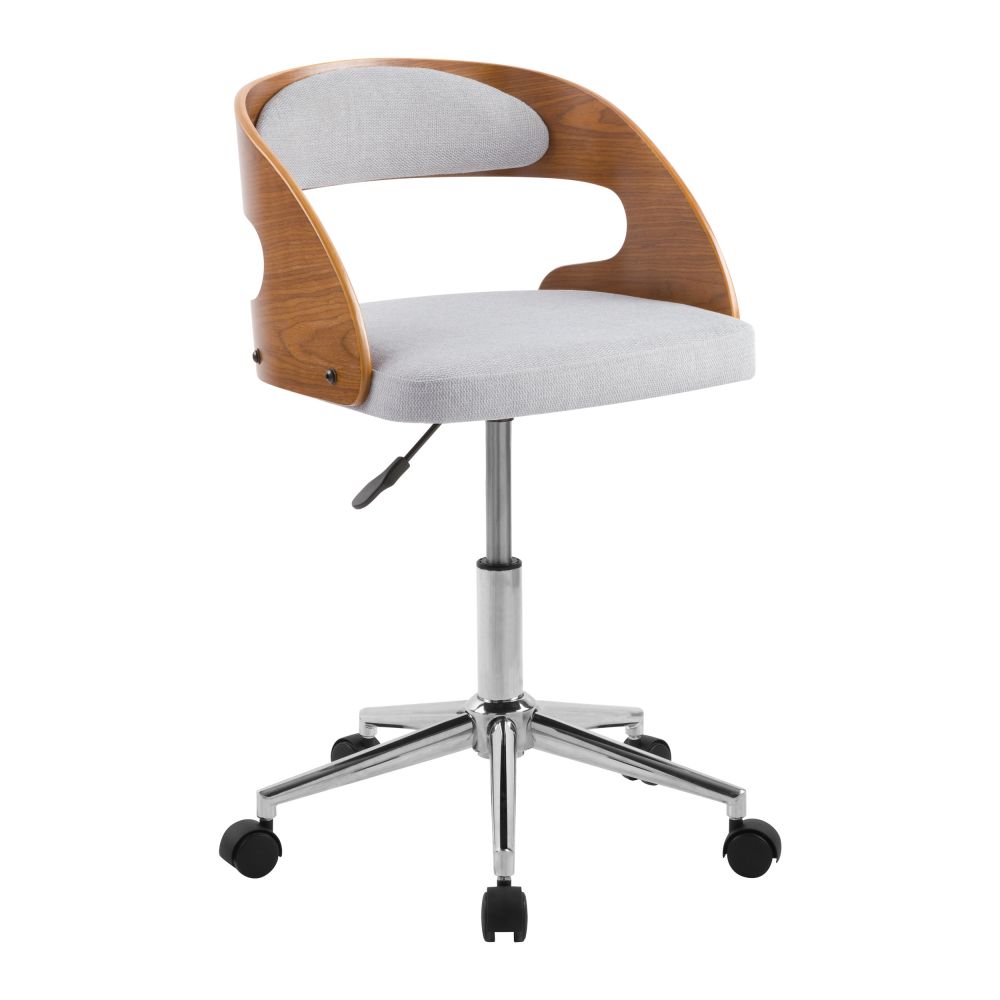Chaise de bureau à roulettes design blanc, bois foncé noyer et