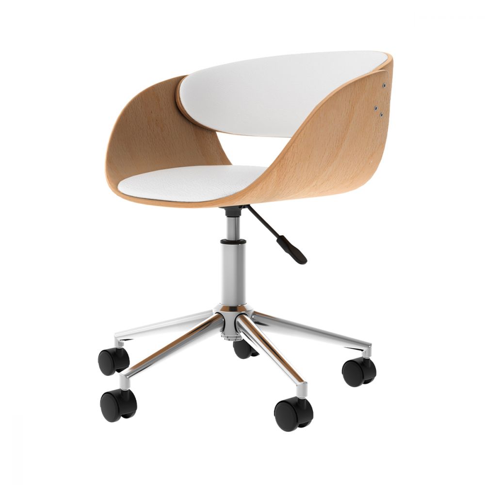 Chaise de bureau à roulettes design en tissu gris, bois clair et