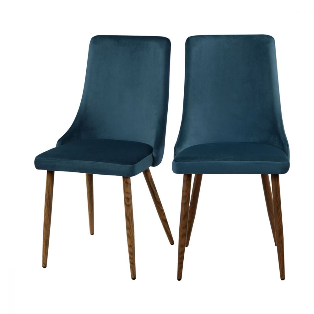 acheter chaise velours bleu pieds bois fonce vinni