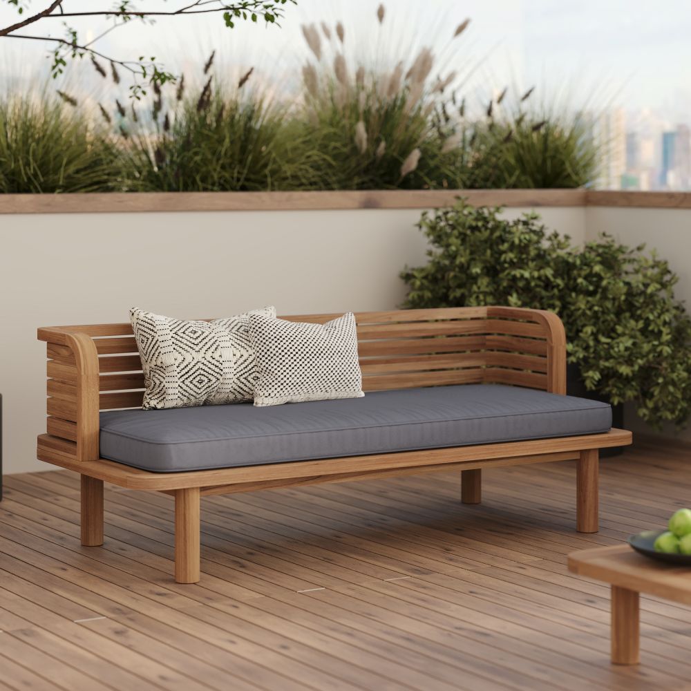 banquette de jardin tissu gris et bois marron