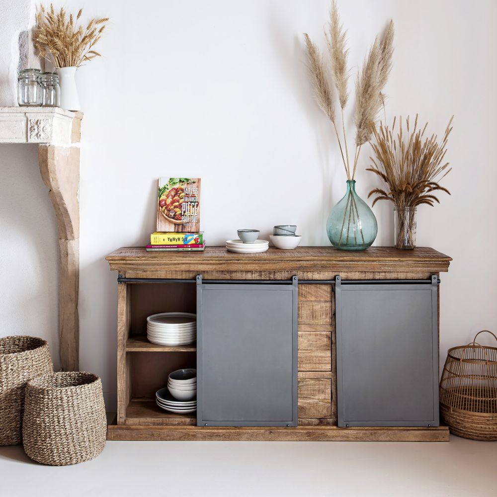 buffet en bois de manguier et metal gris indus tabuk