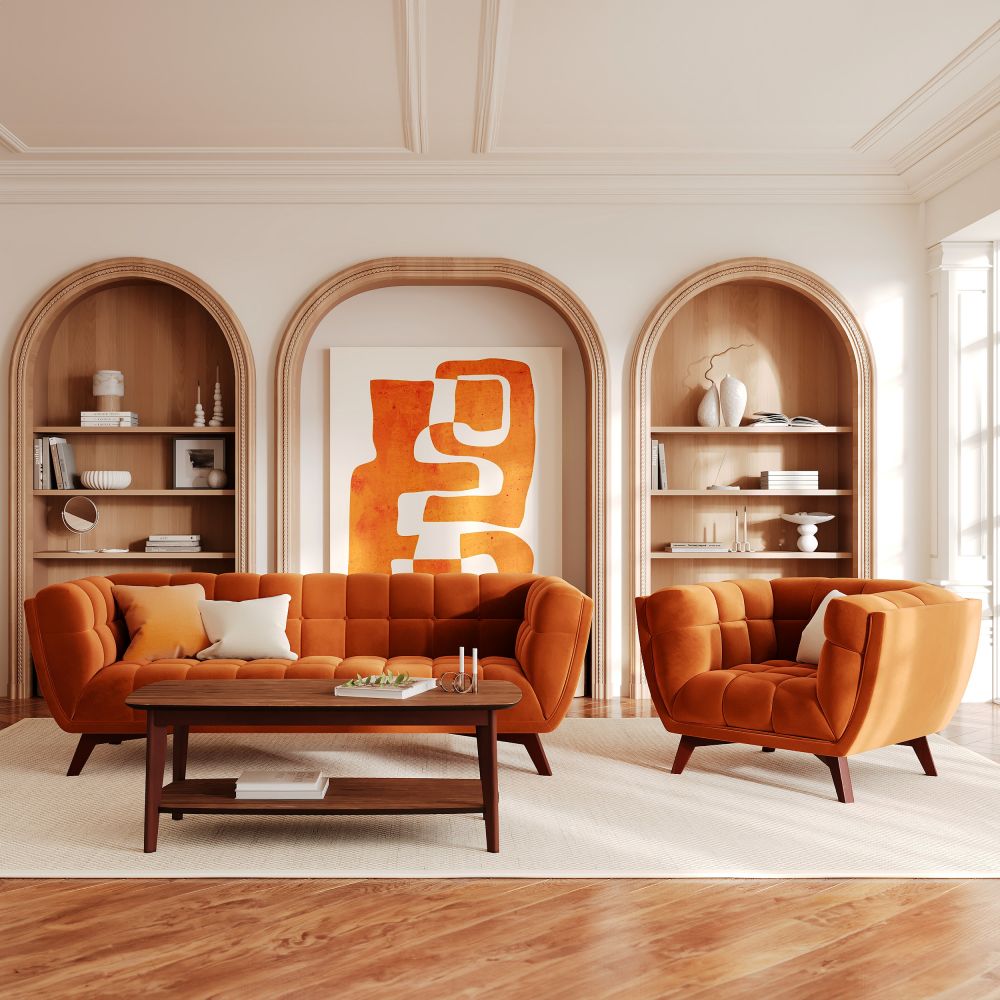 canape et fauteuil vintage mona velours orange rdv deco