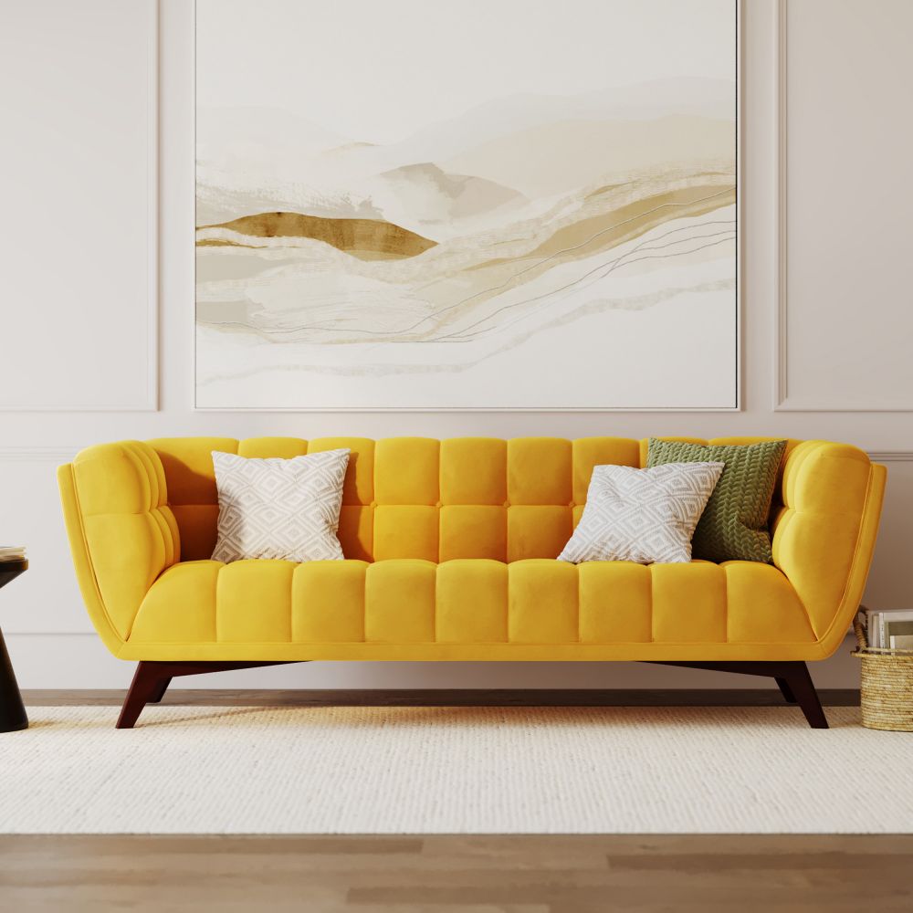 canape mona 3 places en velours jaune pieds bois