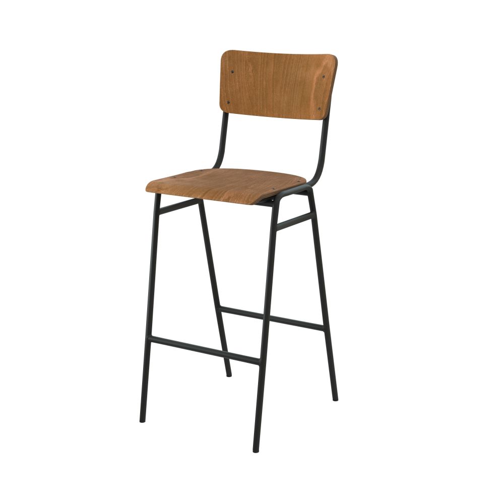 chaise de bar ecolier clem bois fonce pieds metal 75 cm