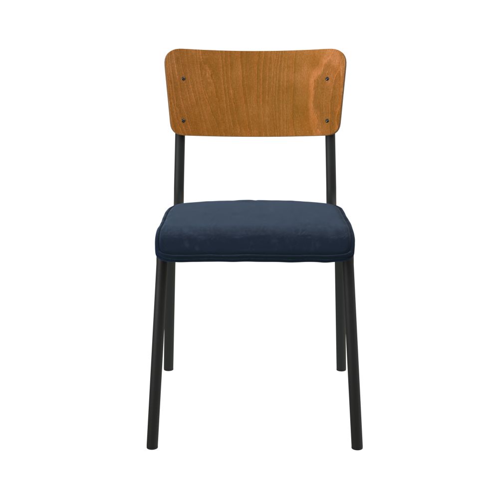 chaise ecolier bois fonce velours bleu nico