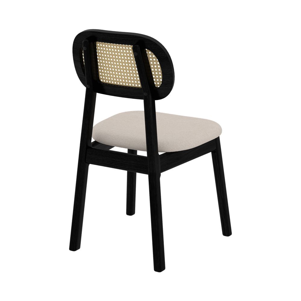 chaise en bois noir maria assise tissu beige dossier rotin