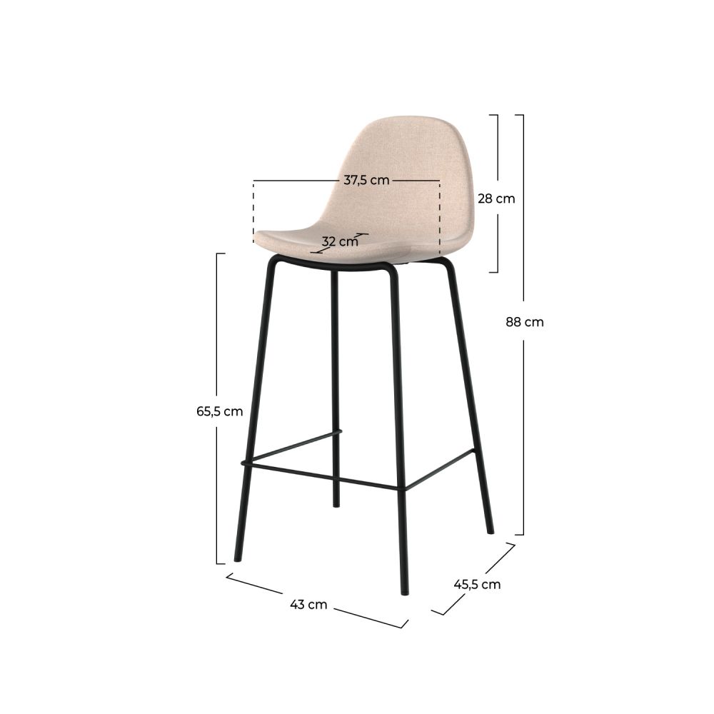 chaise pour ilot central 65 cm en tissu beige lot de 2 pieds noirs chaise de bar henrik
