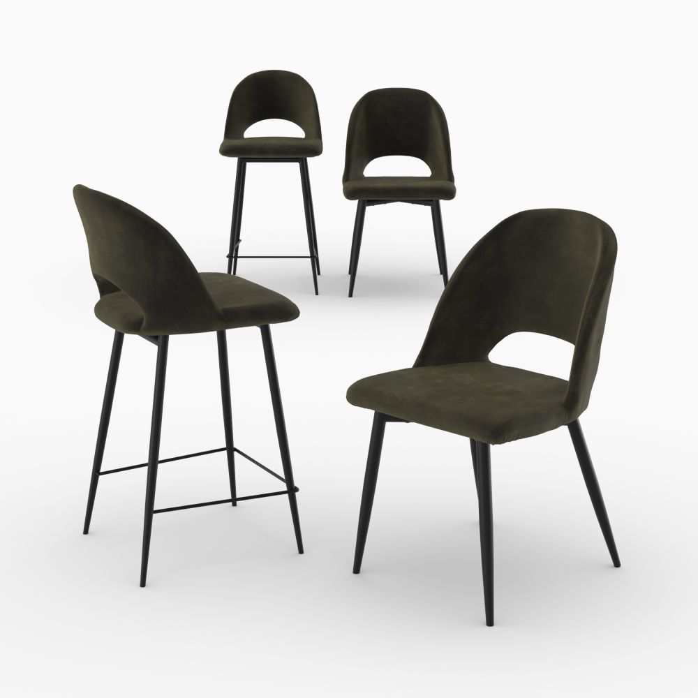 chaises tabourets penelope velours vert pack 4 pieces