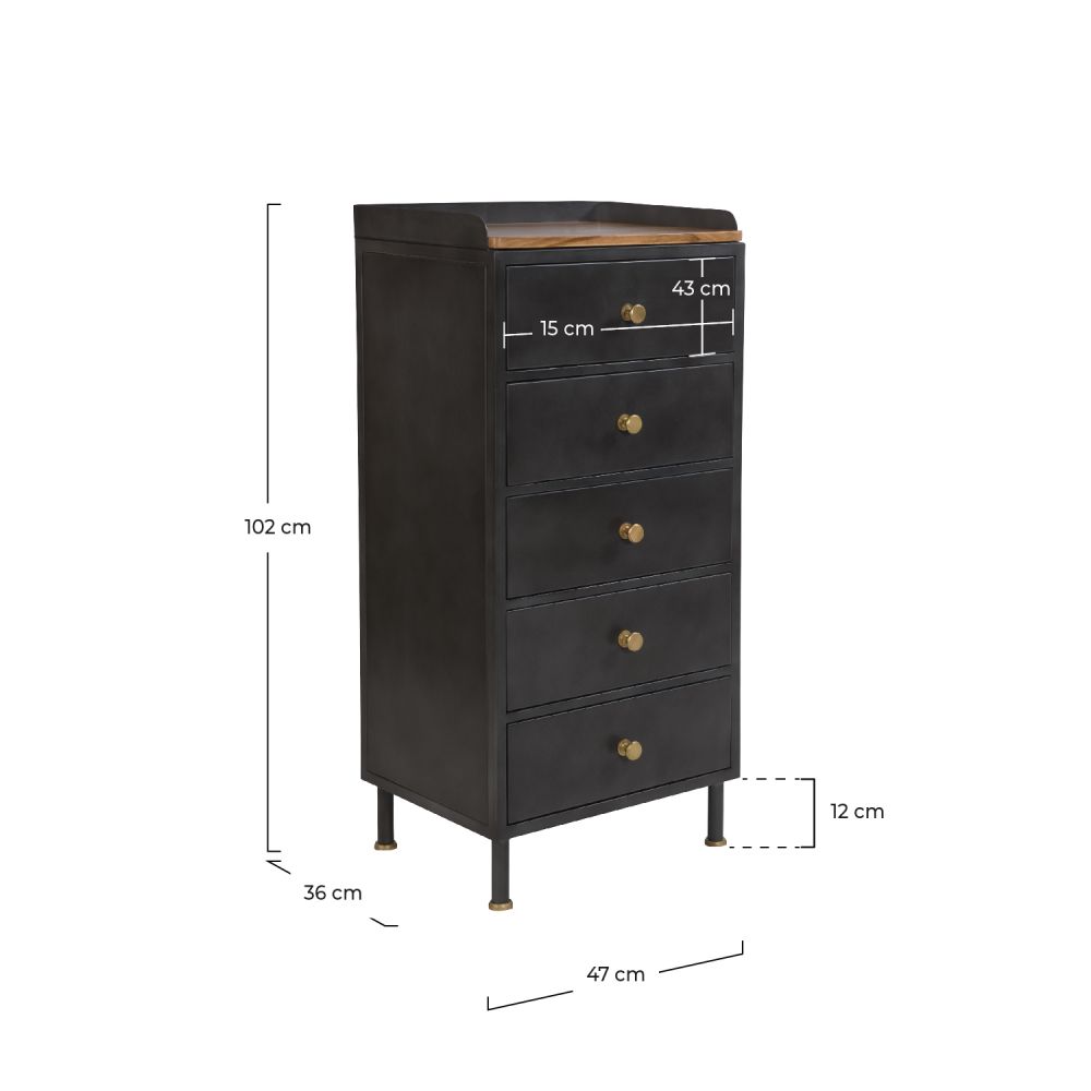 chiffonnier noir mal 5 tiroirs gauthier metal bois de manguier