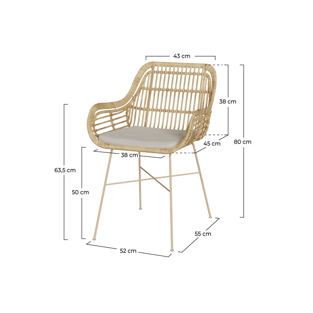 chiloe chaise en rotin et pieds en metal beige coussin tissu