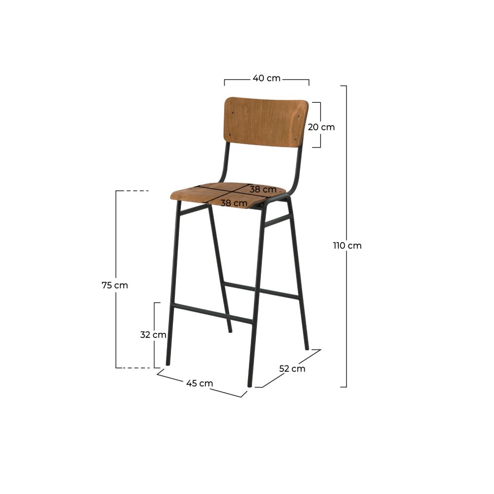 clem chaise de bar ecolier pieds metal bois fonce 75 cm dim