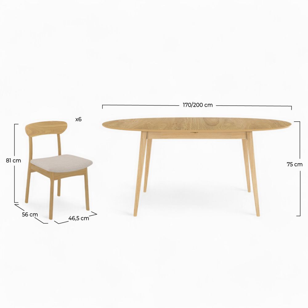 eddy table et chaises bois clair 6 personnes tissu blanc