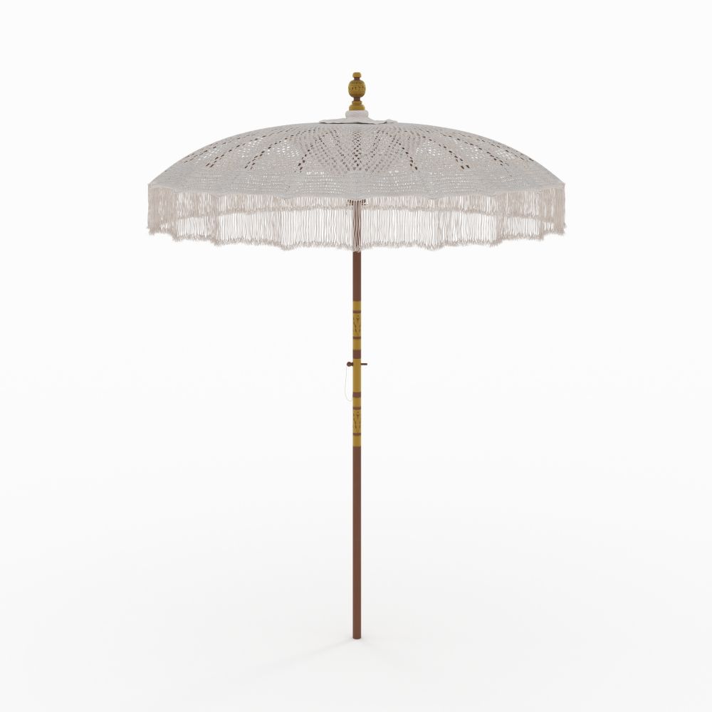 ensemble de parasol en coton macrame blanc pied bois de suar marron gravures blanches bois blanchi