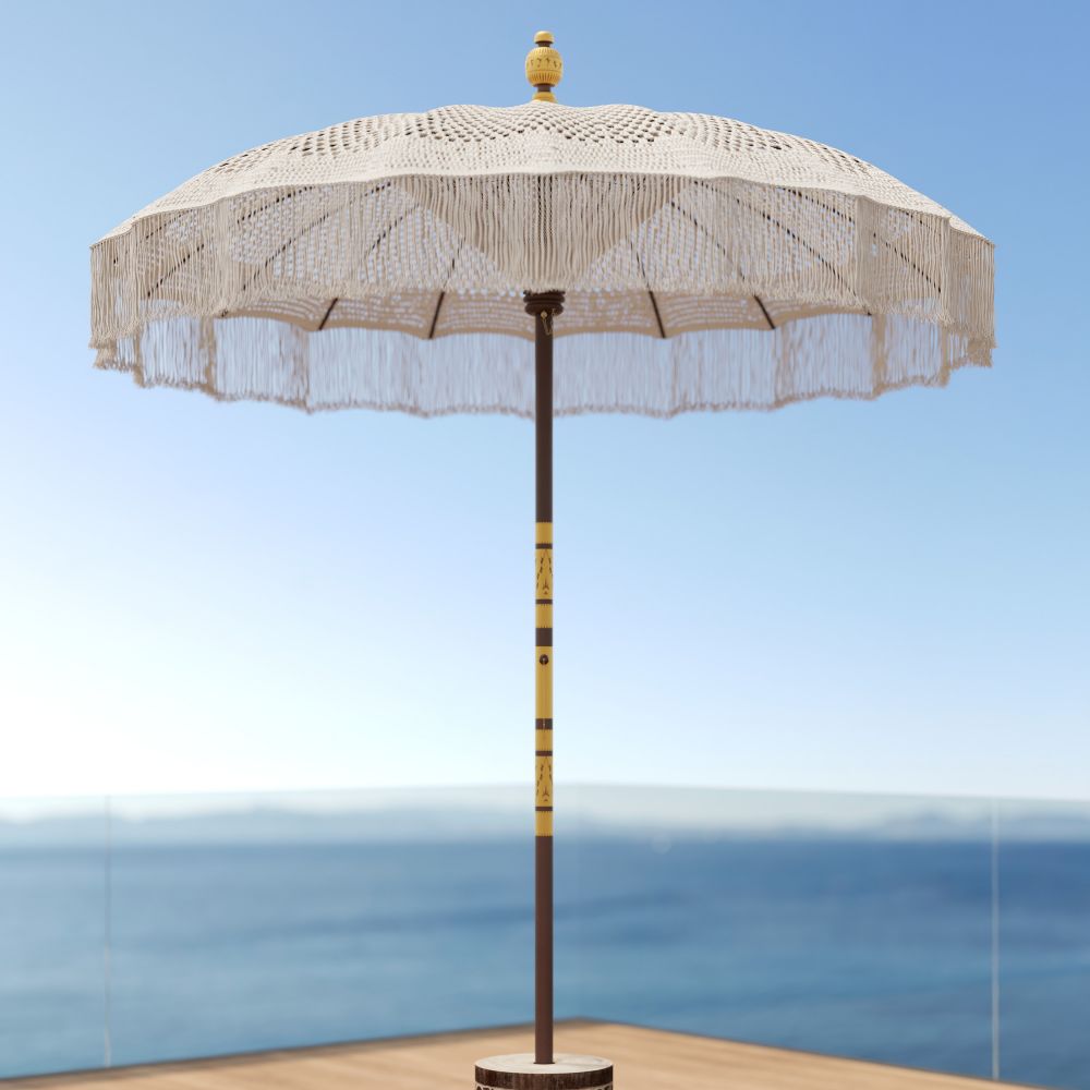fakele parasol en macrame blanc et bois cocotier boheme
