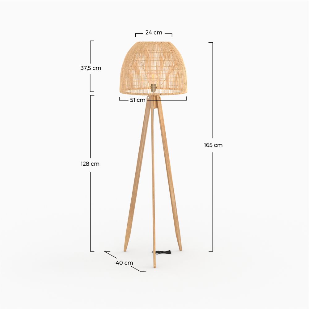 lampadaire corte en bois de teck rotin trepied