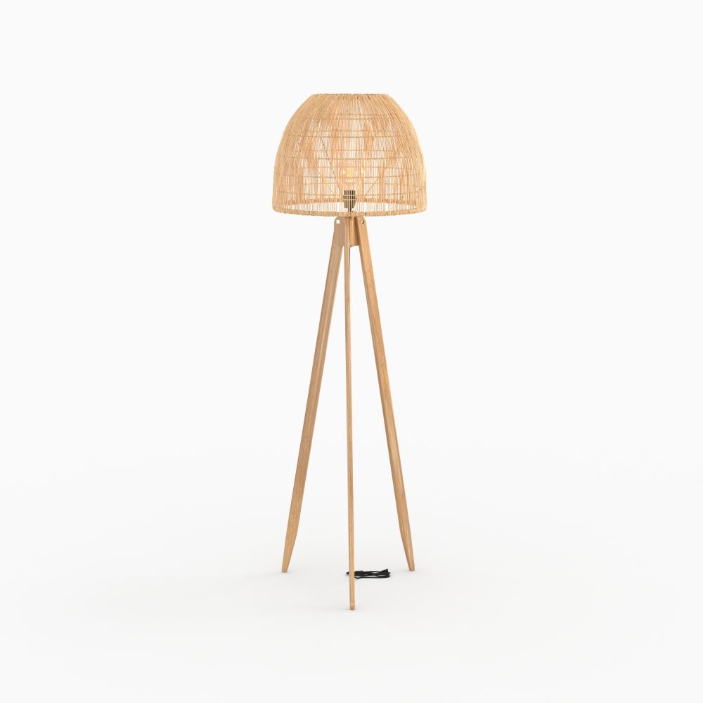 lampadaire en bois de teck et rotin trepied corte