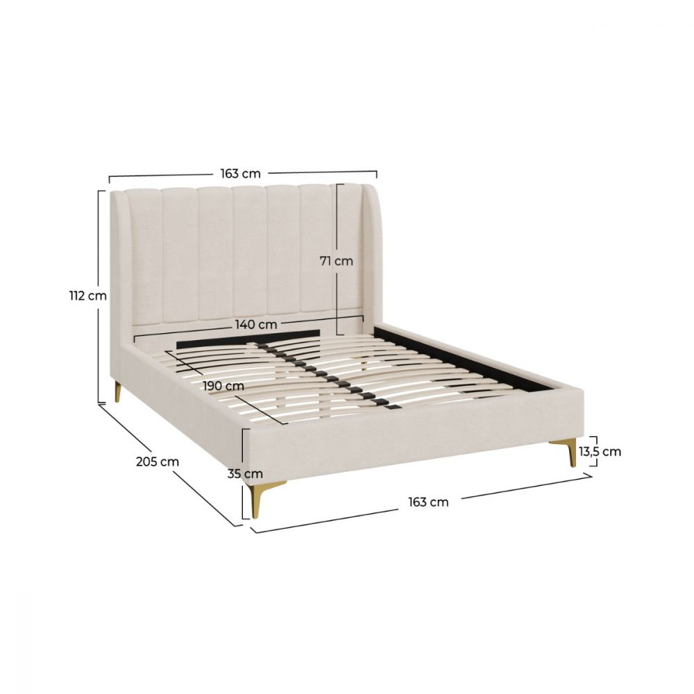 lit double 140x190 cm en tissu beige avec pieds dore koda