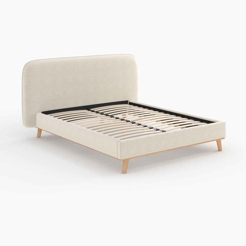 lit double 160 x 200 cm en tissu gris beige pieds bois modjo
