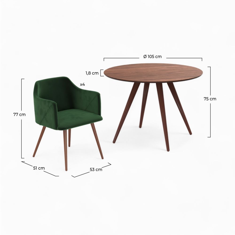 liwa pack table et chaises en velours vert et bois 4 personnes