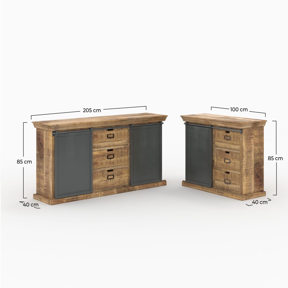 lot 2 buffets tabuk en bois de manguier et metal gris