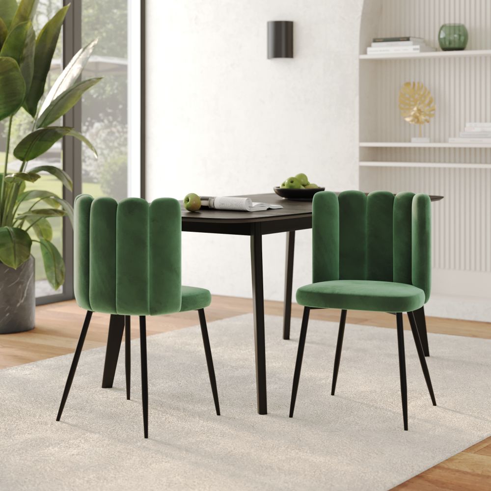 lot de 2 chaises rosy en velours vert et pieds en metal noir