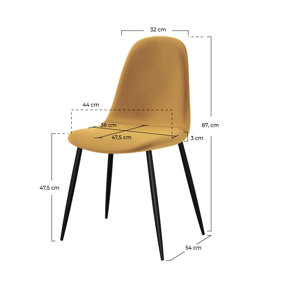 malrik chaise scandinave en velours jaune lot de 2 pieds metal noir