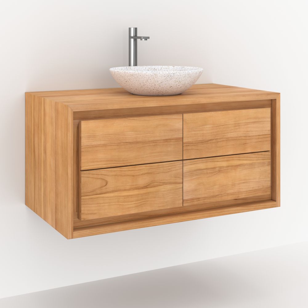 meuble de salle de bain en bois de teck suspendu 90 cm sdb hera 