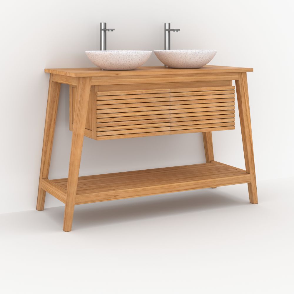 meuble sdb teck naturel 120 cm avec etagere