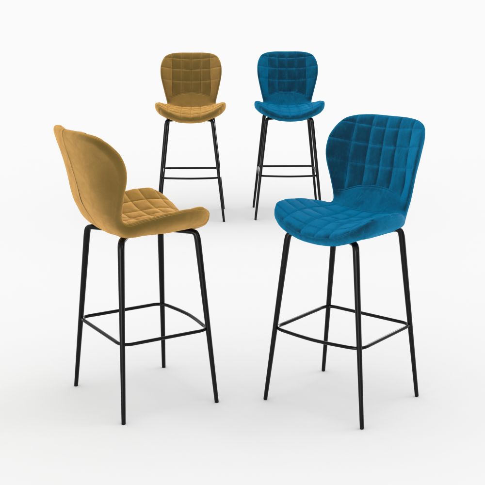 pack 4 chaises de bar mazzia en velours jaune et bleu 75 cm