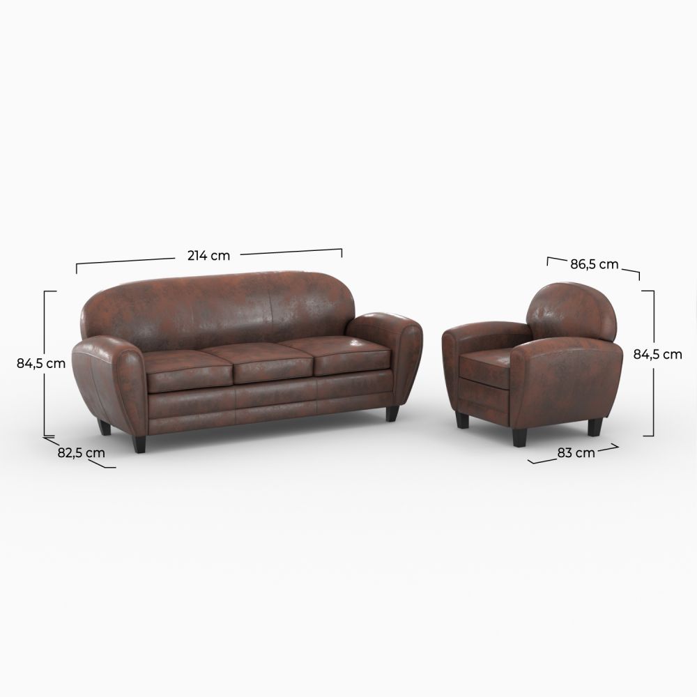 pack canape 3 palces et 1 fauteuil marron veilli club