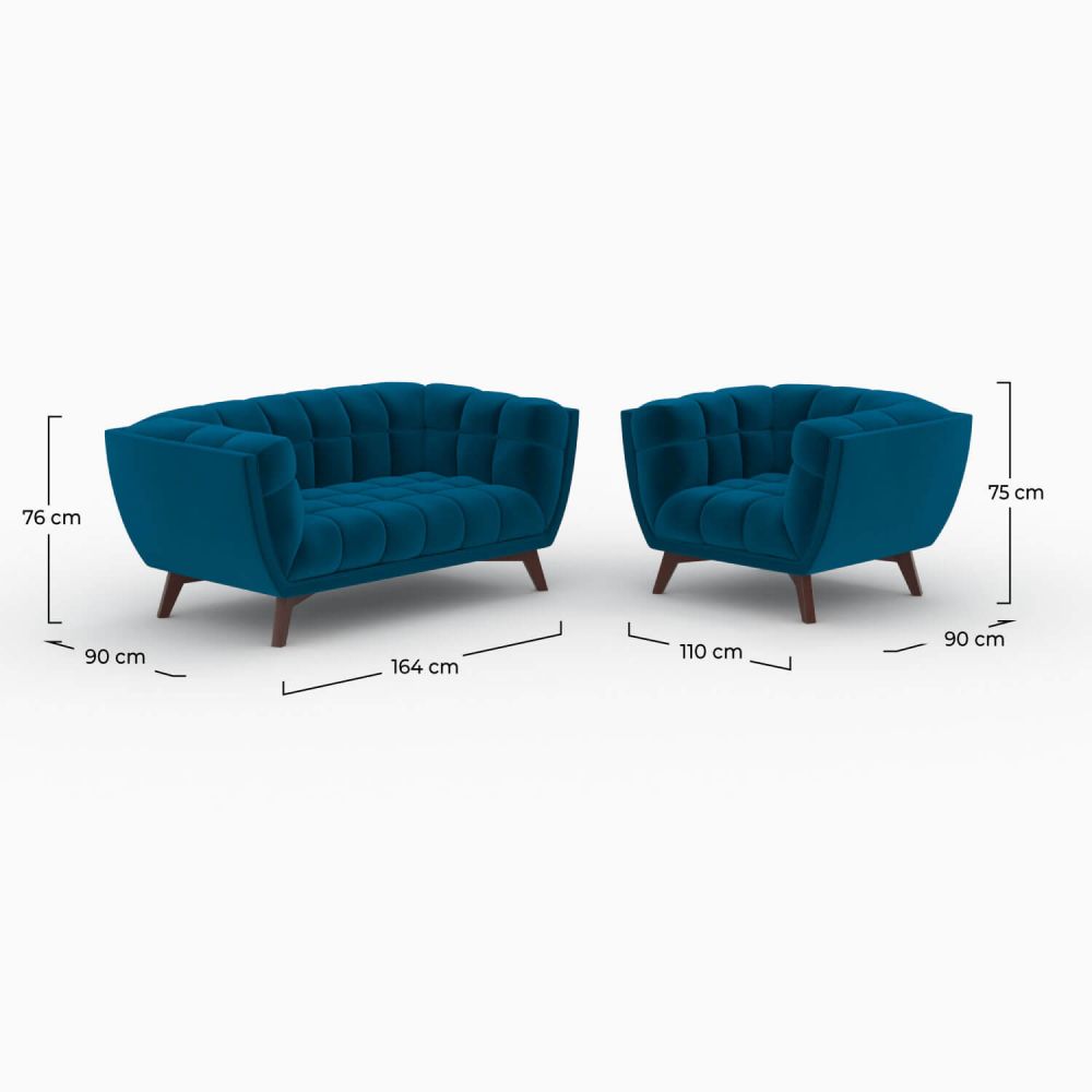 pack canape fauteuil en velours bleu mona 3 places