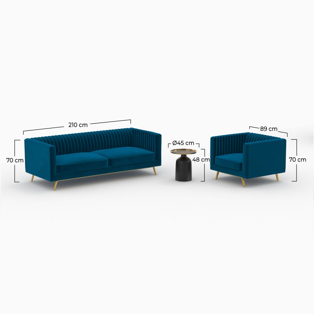 pack salon velours bleu canape fauteuil table basse gatsby 4 places