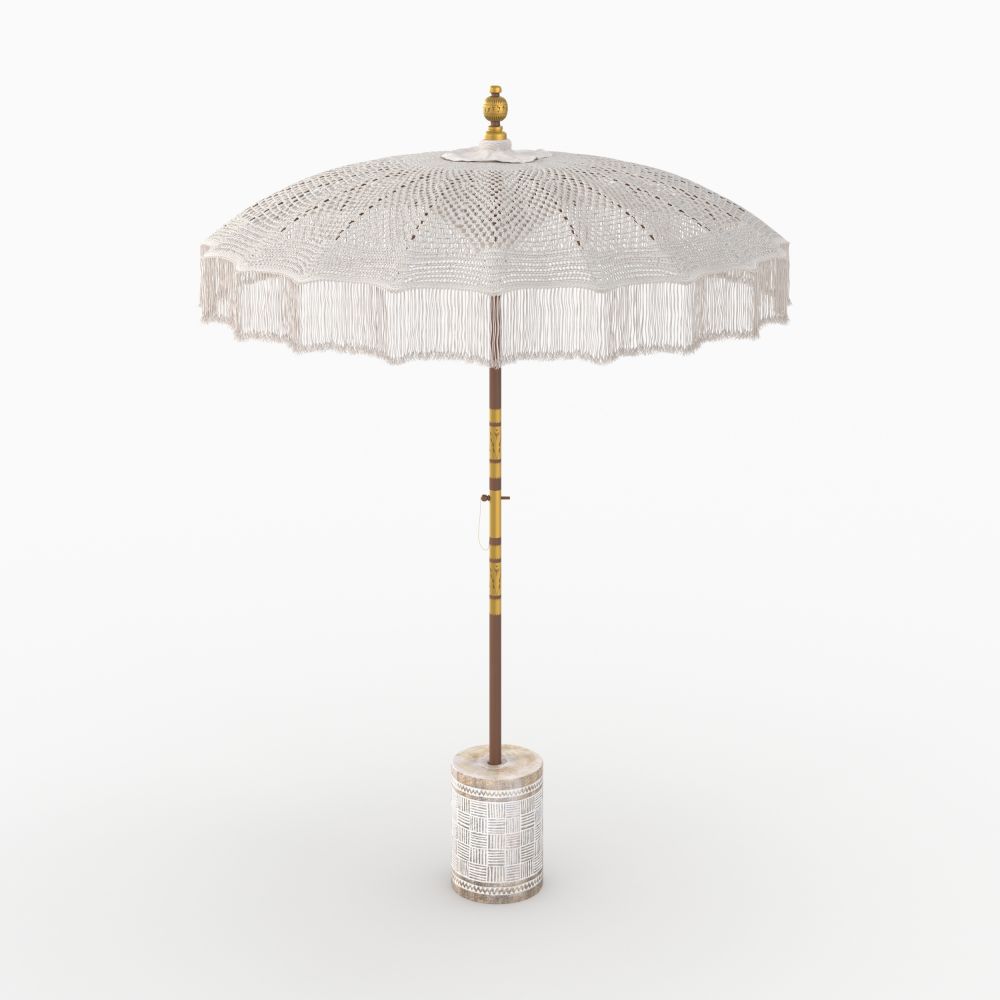 parasol coton macrame blanc pied bois marron gravures blanches
