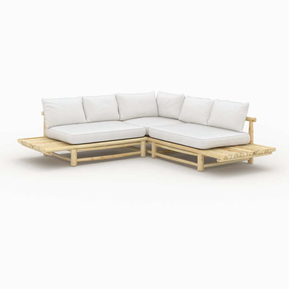 salon de jardin imani en bois de teck canape d angle table basse ronde fond beige