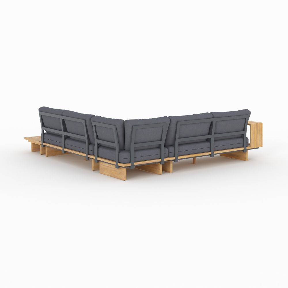 salon de jardin seya en bois et tissu gris fonce table basse et canape d angle 4 personnes
