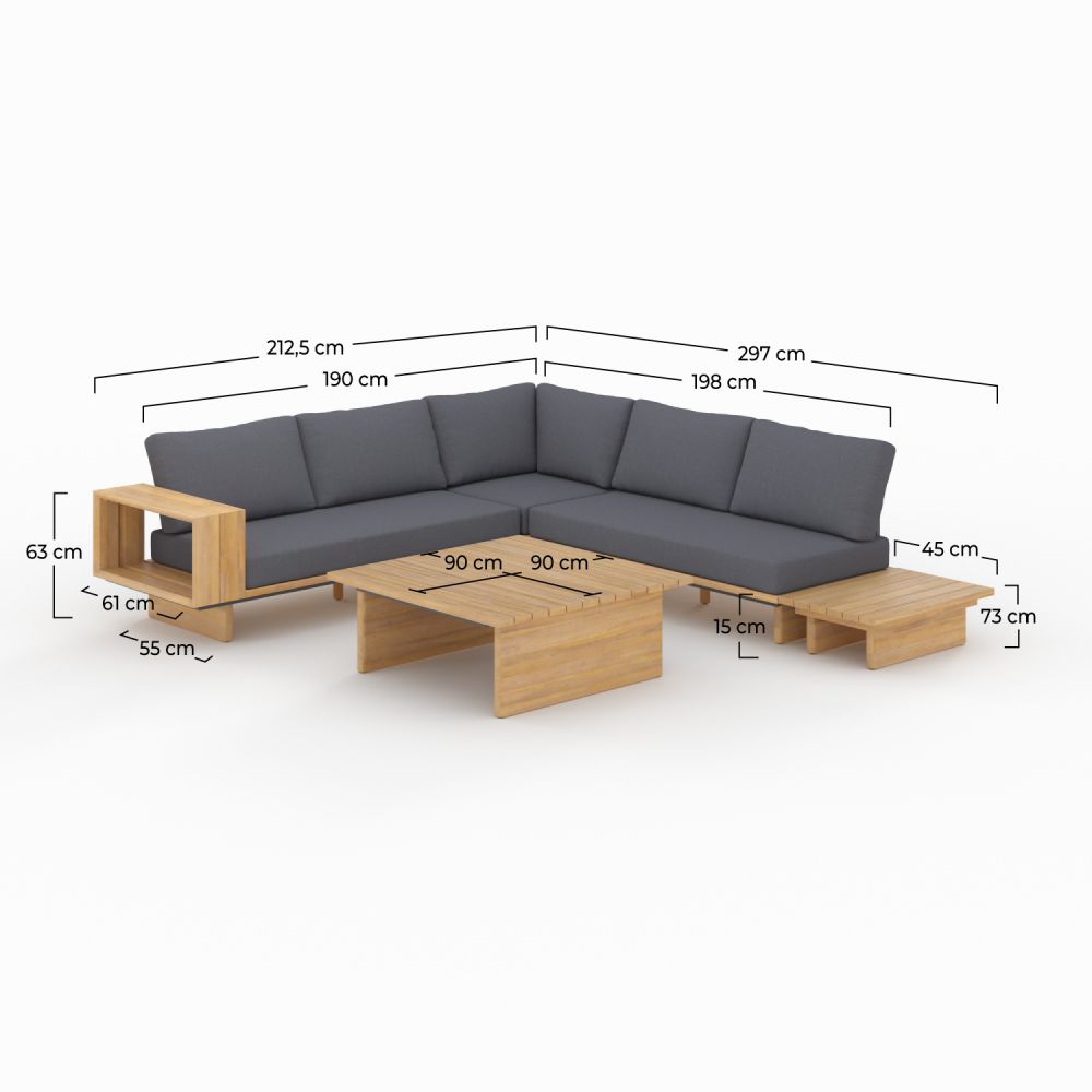 salon de jardin seya en bois et tissu gris fonce table basse et canape d angle