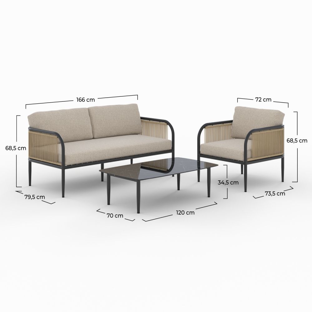 salon de jardin wilo 4 personnes en metal et tissu beige table basse effet marbre