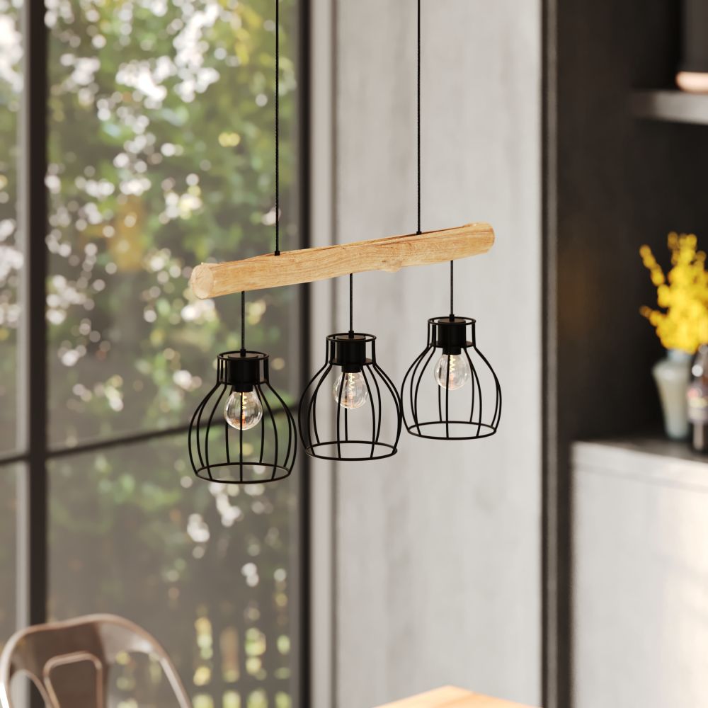 suspension en bois et metal noir abby 3 lampes