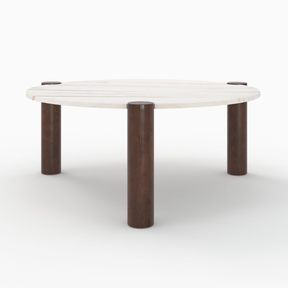 table basse ronde pauline marbre et bois de manguier diametre 86 cm