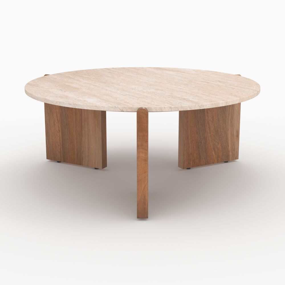 table basse sierra en travertin ronde pieds en bois 