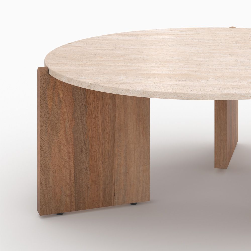 table basse sierra en travertin ronde pieds en bois rdv deco