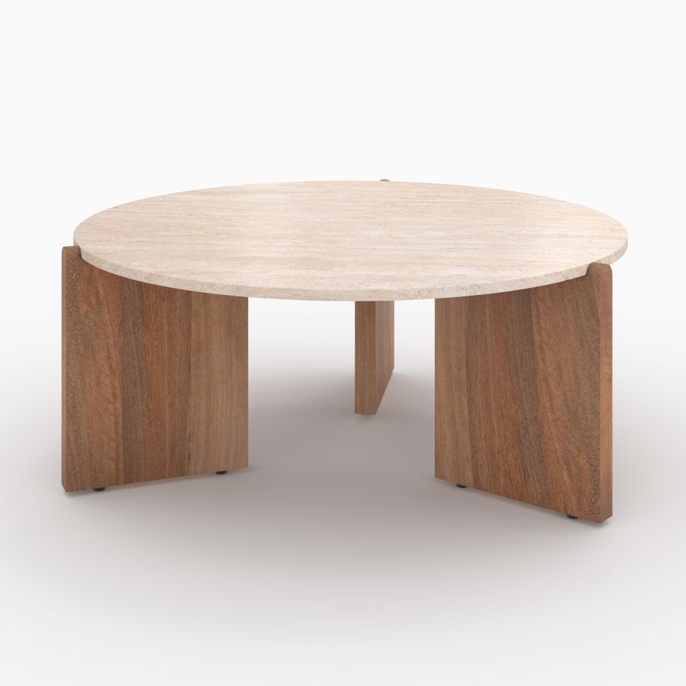table basse sierra travertin ronde pieds en bois 