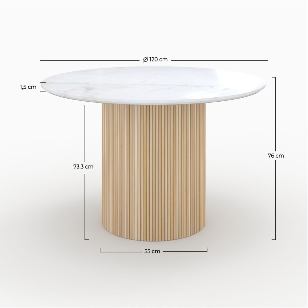 table ronde en marbre blanc et bois de manguier 4 personnes morea