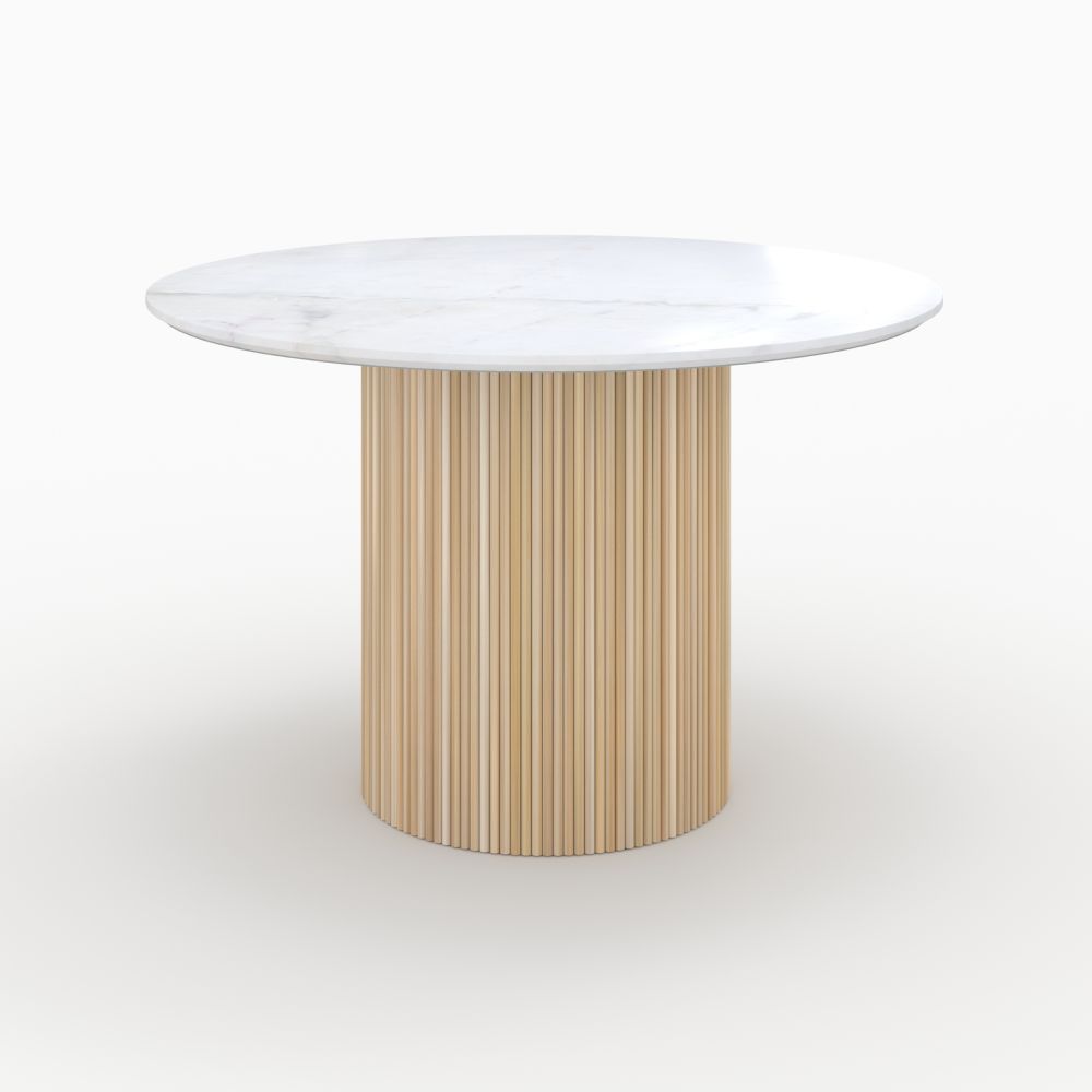 table ronde en marbre blanc et bois de manguier morea