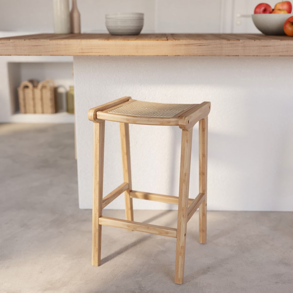 tabouret de bar en bois de teck rotin naturel 65 cm omaha