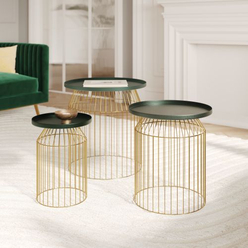 3 table basses palombe metal gris et dore