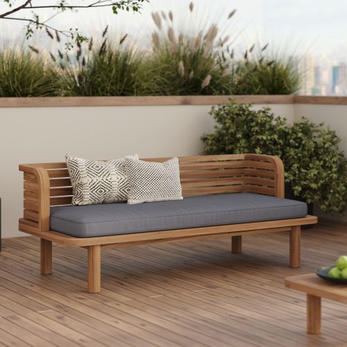 banquette de jardin tissu gris et bois marron