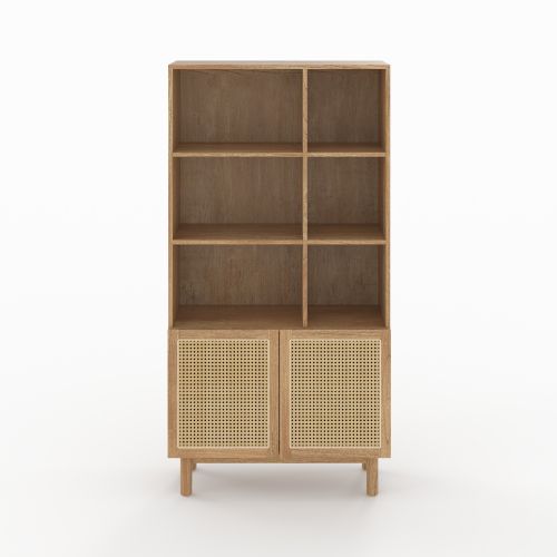 Bibliothèque Delya en bois massif de mindi et rotin